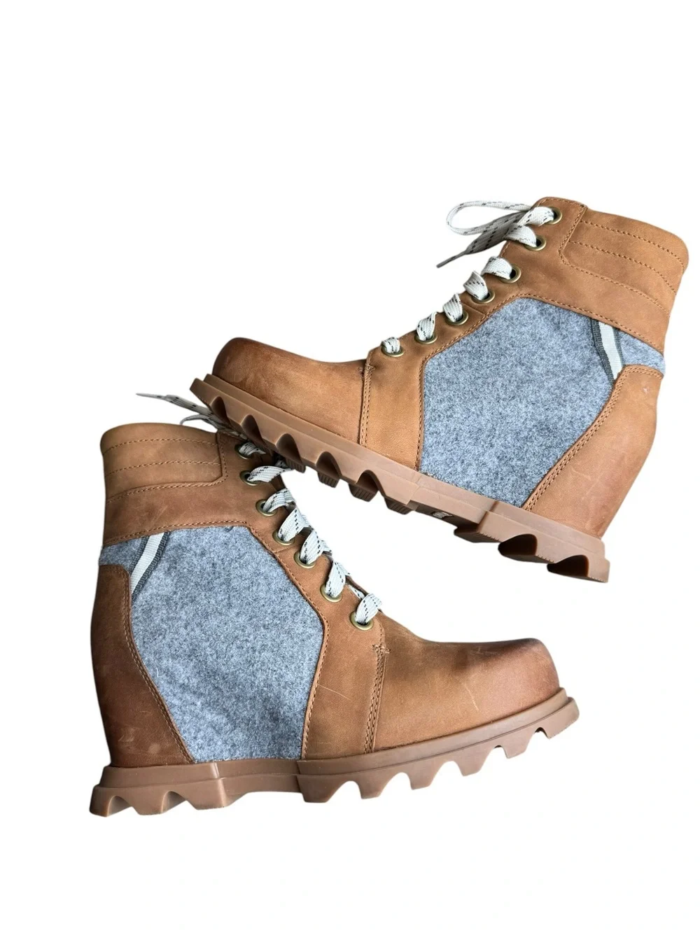 Sorel - Joan of Arctic Wedge II Lace Up Boots Brown Gray Felt Sz 7.5